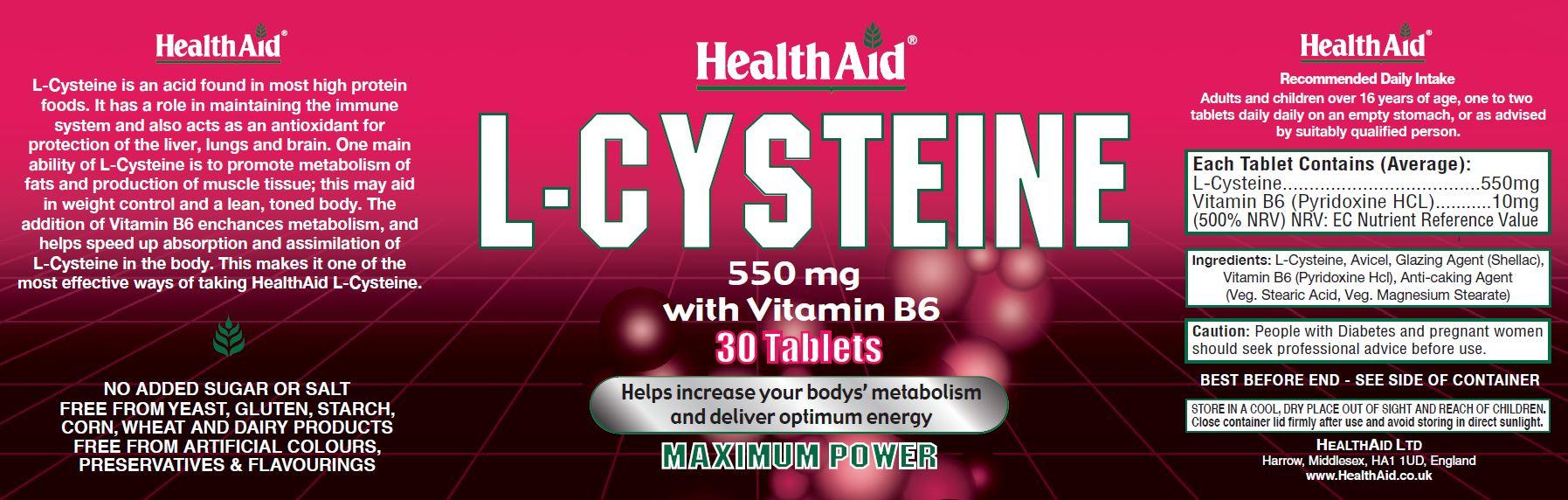 Health Aid L-Cysteine 550mg with Vitamin B6  30's - Approved Vitamins