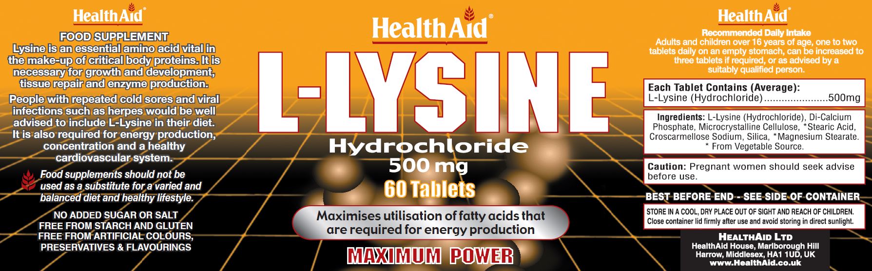 Health Aid L-Lysine Hydrochloride 500mg  60's