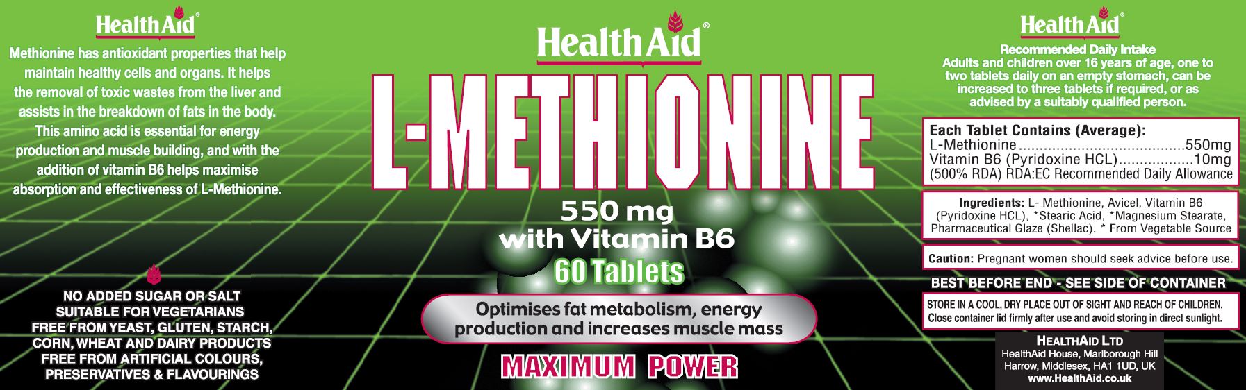 Health Aid L-Methionine 550mg with Vitamin B6  60's