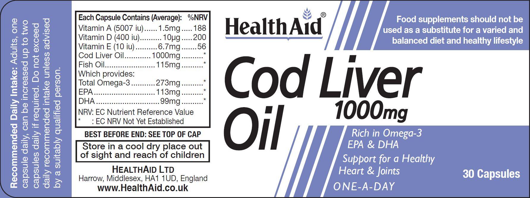 Health Aid Cod Liver Oil 1000mg  30's - Approved Vitamins