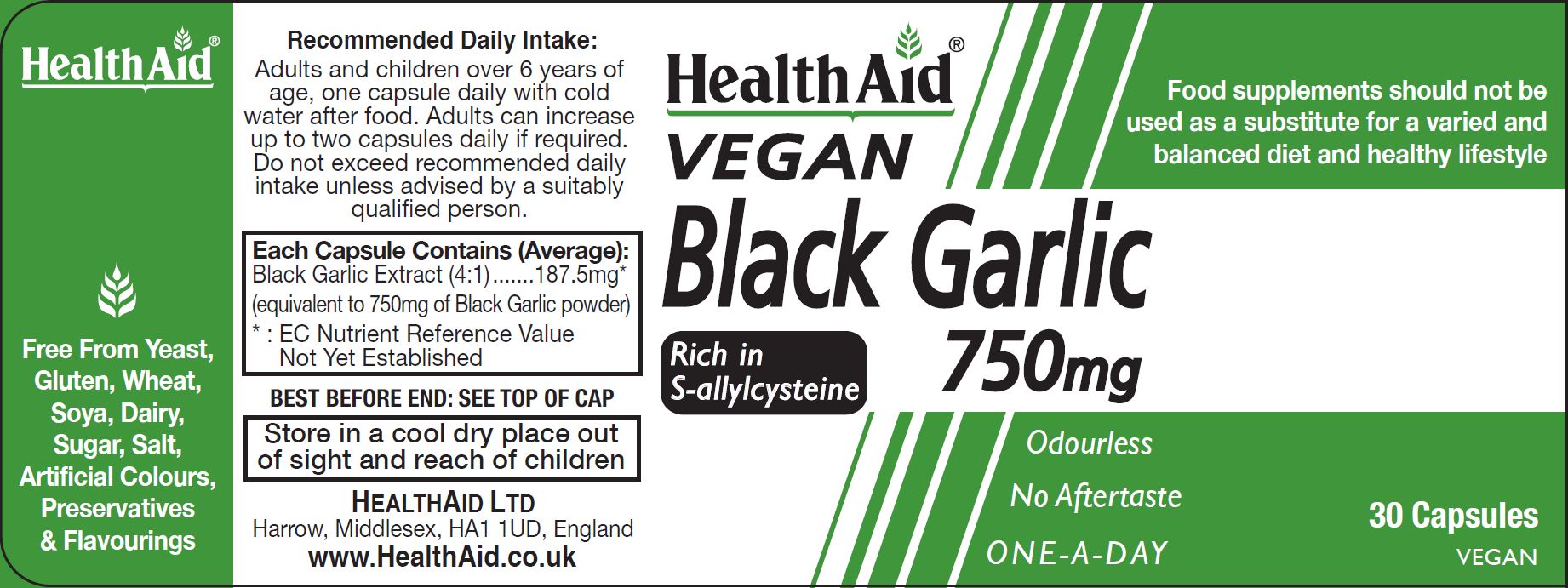 Health Aid Vegan Black Garlic 750mg 30's