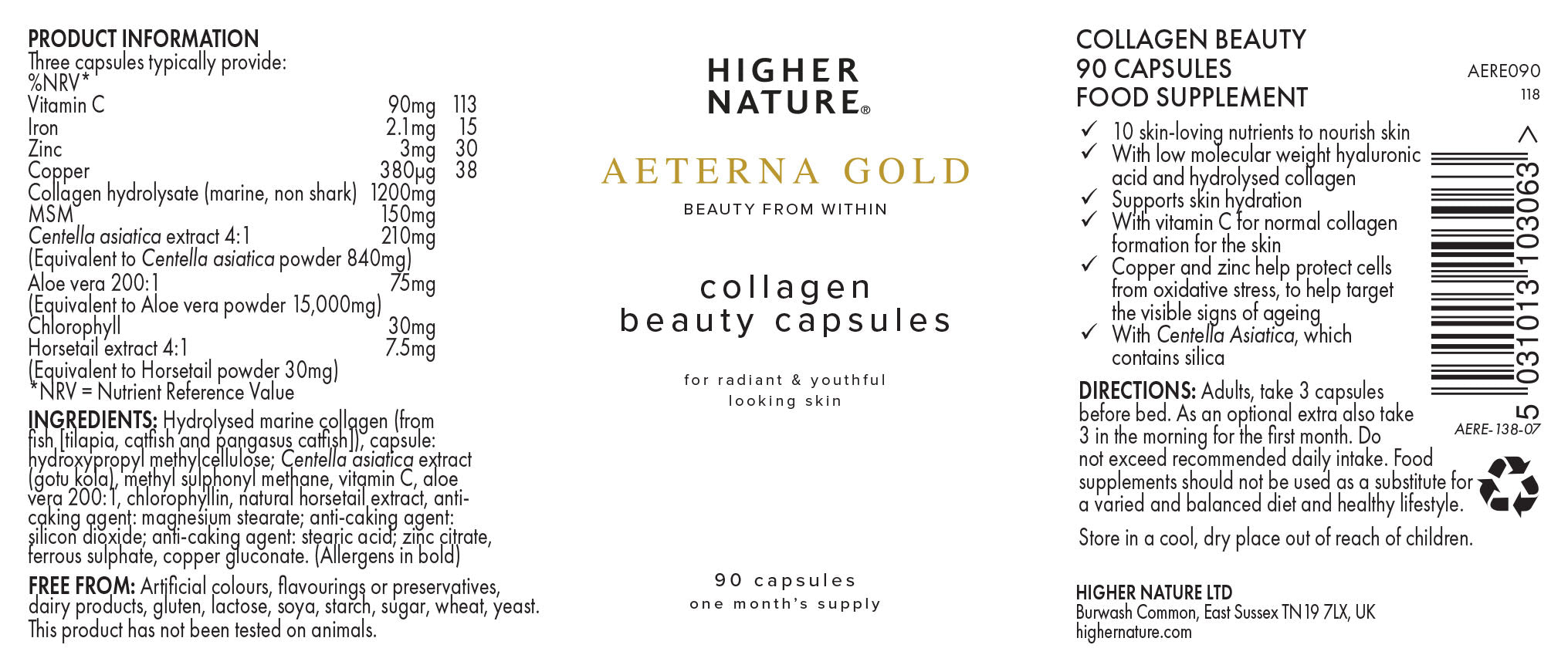 Higher Nature Aeterna Gold Collagen Beauty Capsules 90's (formerly Restructuring Complex)