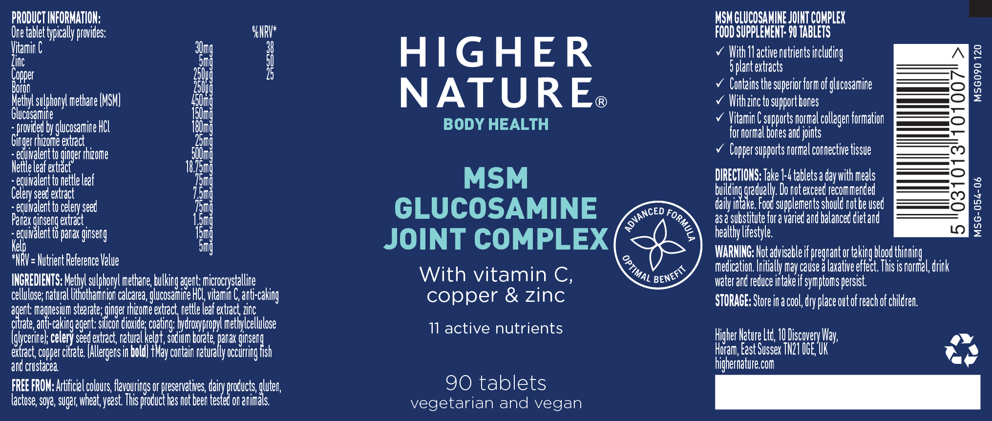 Higher Nature MSM Glucosamine Joint Complex 90's - Approved Vitamins