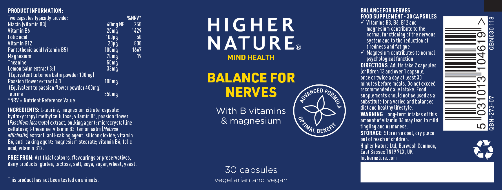 Higher Nature Balance for Nerves 30's - Approved Vitamins