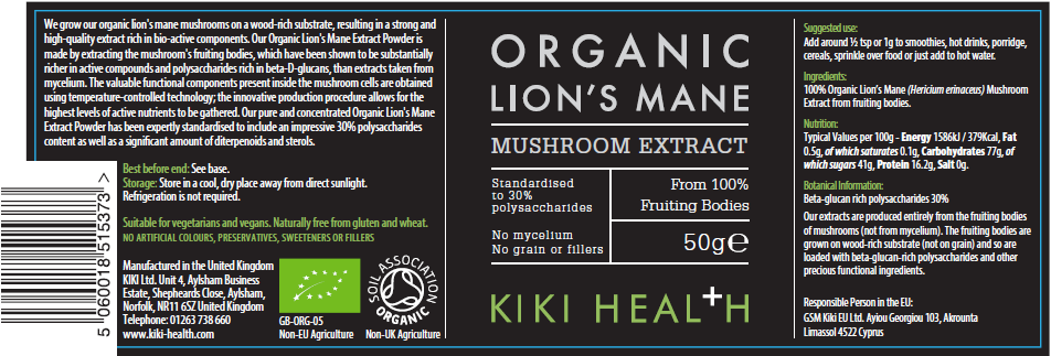 Kiki Health Organic Lion's Mane Mushroom Extract Powder 50g