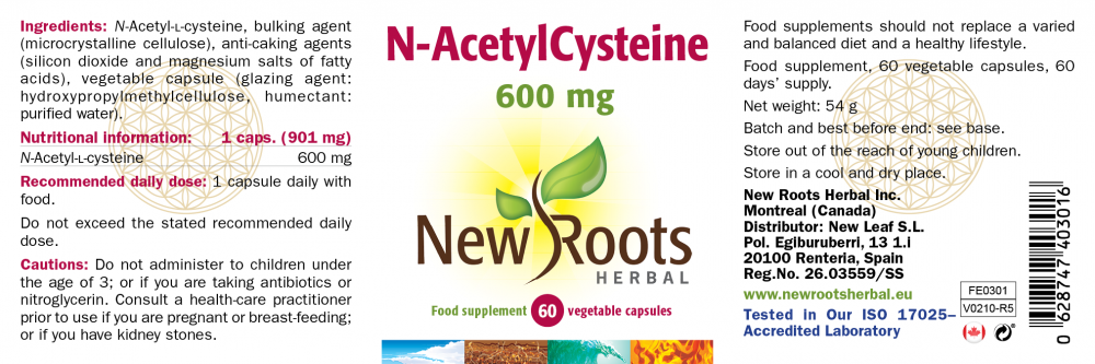 New Roots Herbal N-AcetylCysteine 600mg 60's