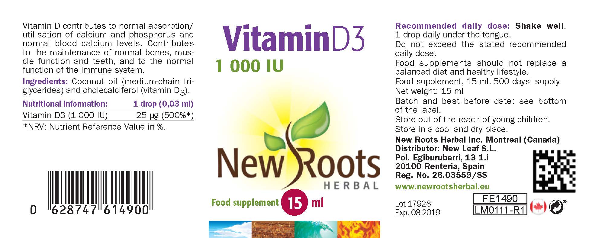New Roots Herbal Vitamin D3 1000iu Liquid 15ml