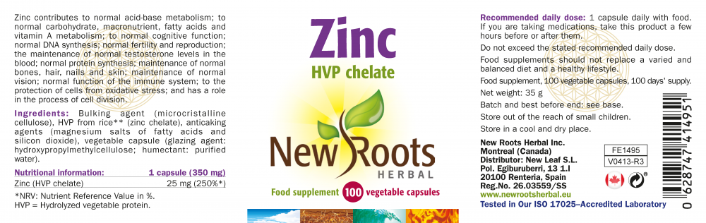 New Roots Herbal Zinc HVP Chelate 100's