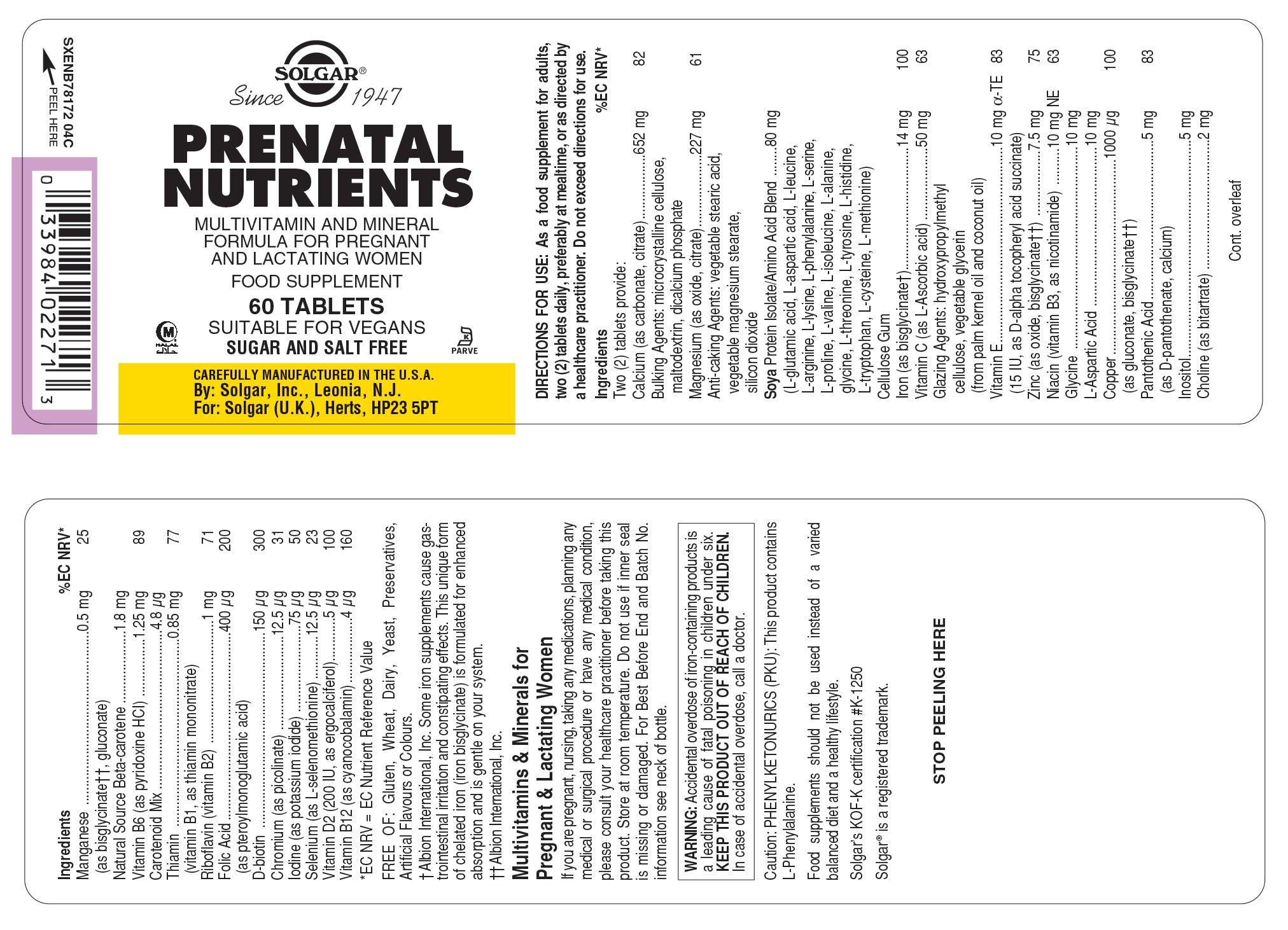 Solgar Prenatal Nutrients 60's - Approved Vitamins