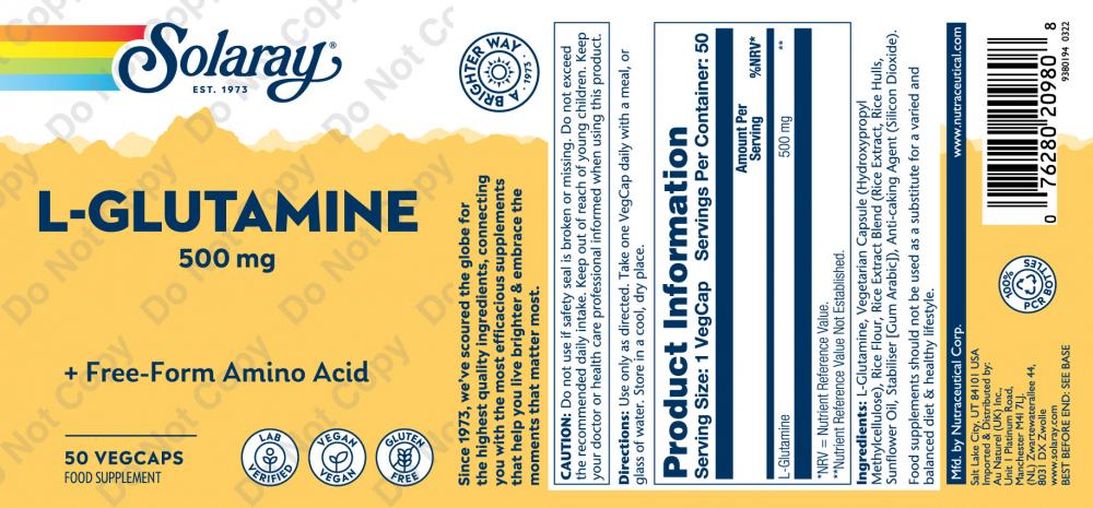 Solaray L-Glutamine 500mg + Free-Form Amino Acid 50's
