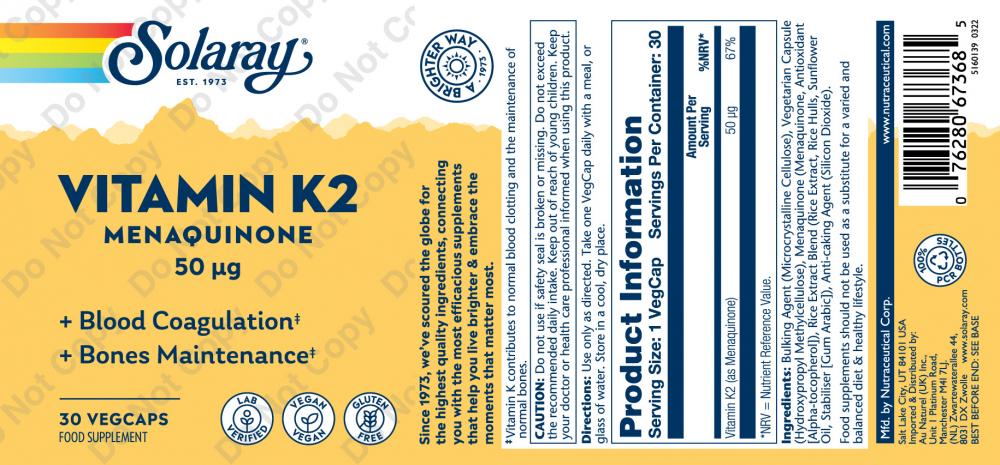 Solaray Vitamin K2 Menaquinone 50ug 30's