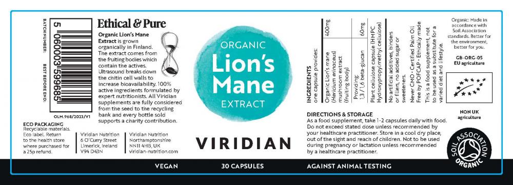 Viridian Organic Lion's Mane Extract 30's