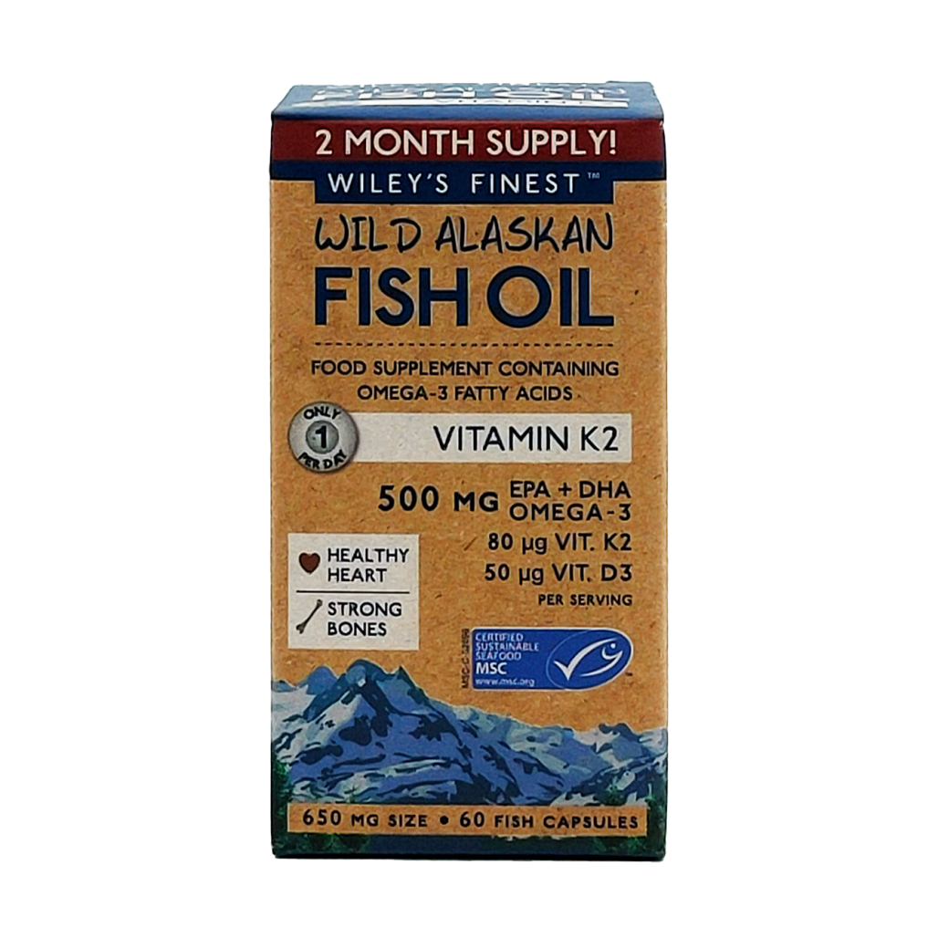 Wiley's Finest Wild Alaskan Fish Oil Omega-3 + K2 + D3 500mg 60's
